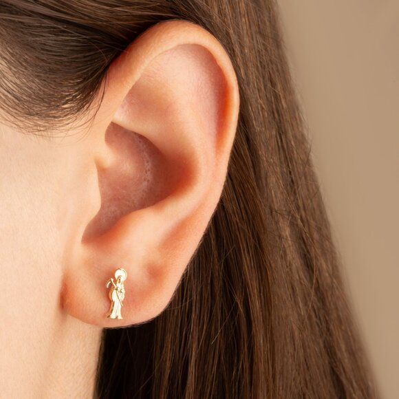 10K Solid Gold Small Santa Muerte Saint Of Death Protection Stud Earrings